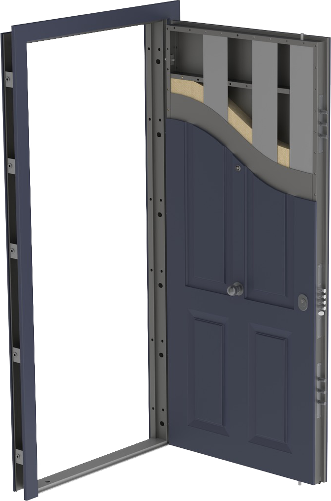 R-Secure steel door cross-section showing construction layers and locking points
