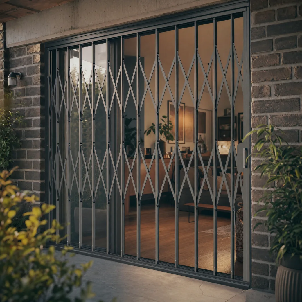Collapsible security grille fully extended across residential patio doors at golden hour, interior visible beyond