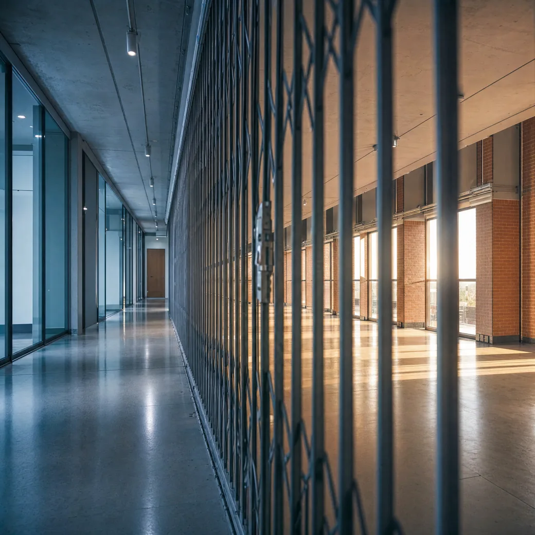 Long polished commercial corridor divided by a ceiling-tracked collapsible steel grille, end of day light
