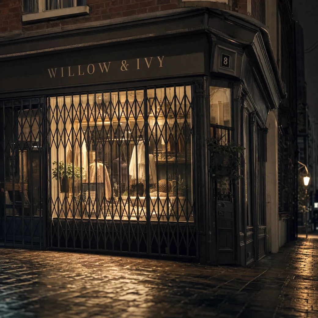 British high-street boutique closed at night with a black collapsible steel grille pulled across the lit display window