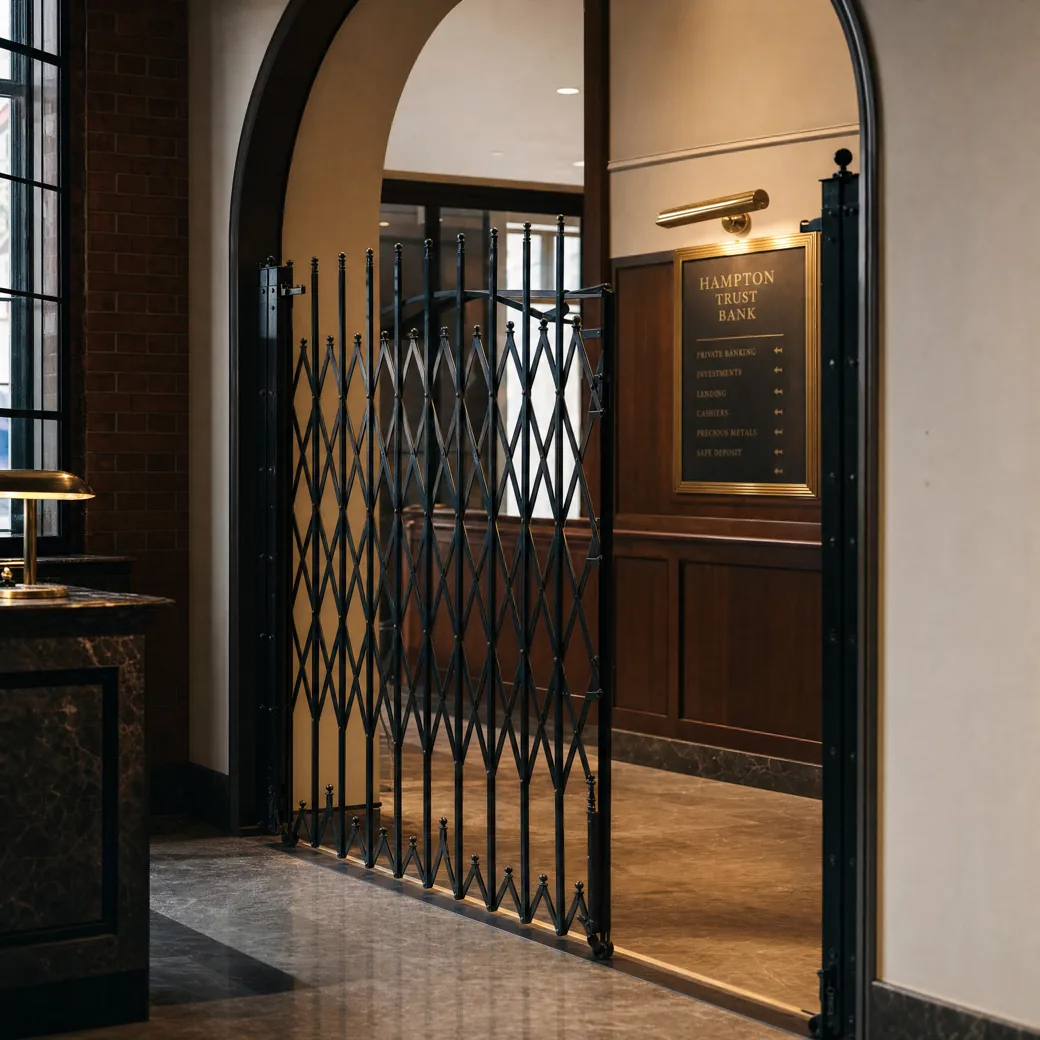 Commercial bank lobby with a polished black collapsible decorative gate set inside an archway, brass directory sign visible behind