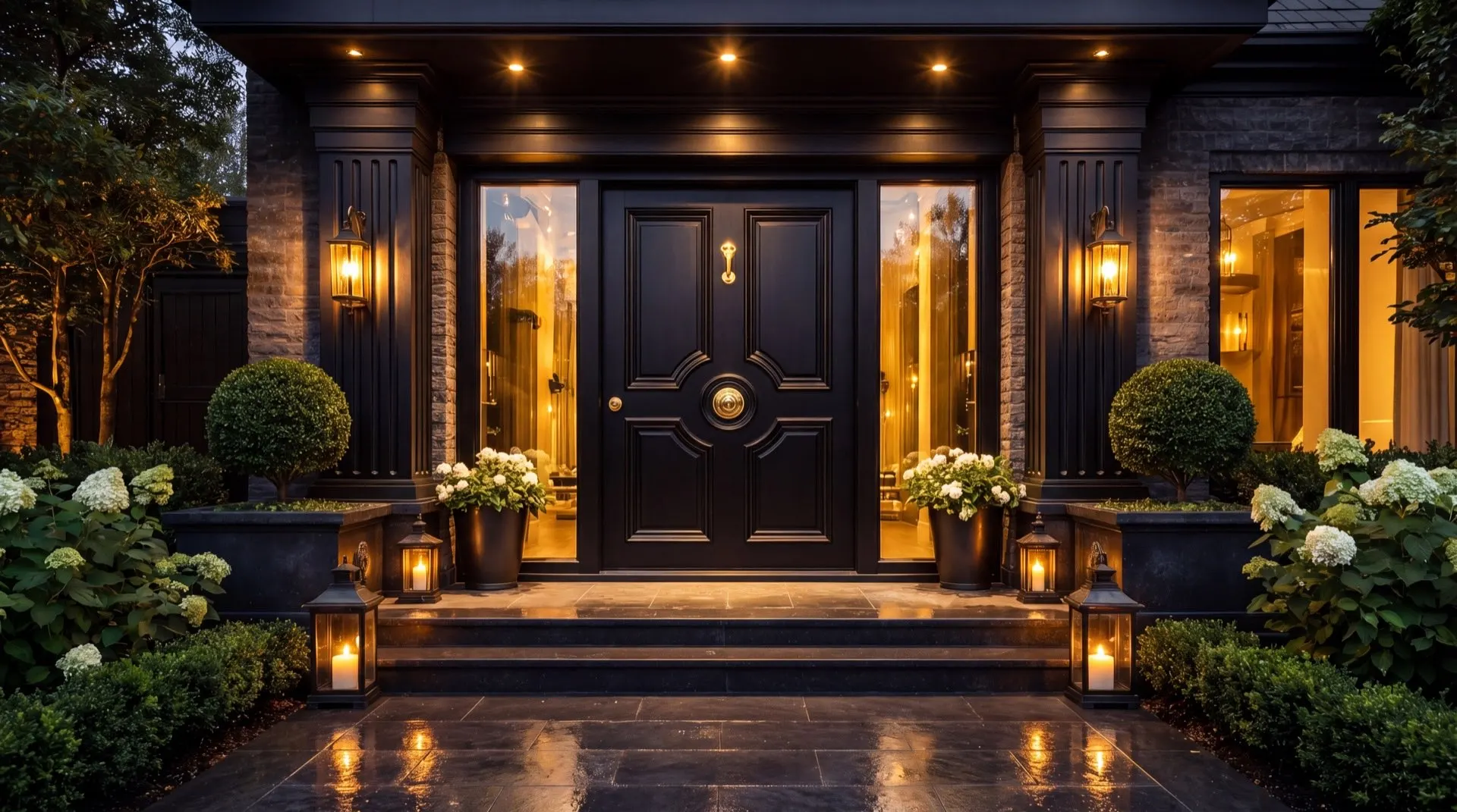 Premium security door entrance with warm lighting and luxury landscaping