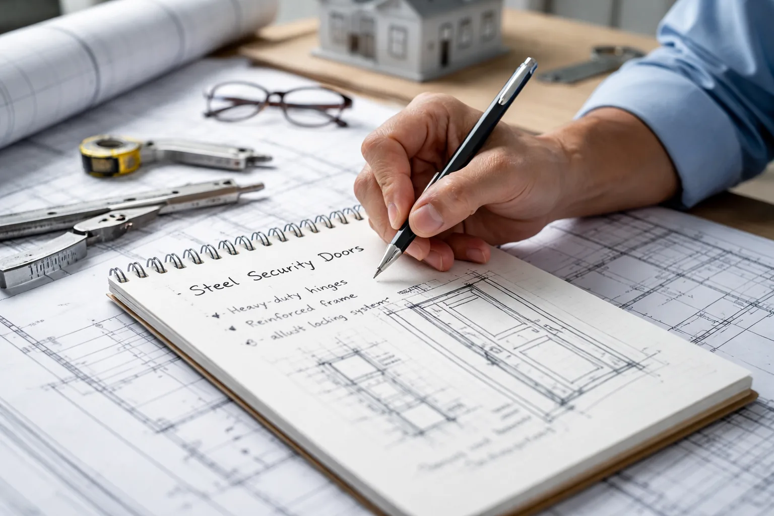 Architectural design notes and measurements on a bespoke steel door project