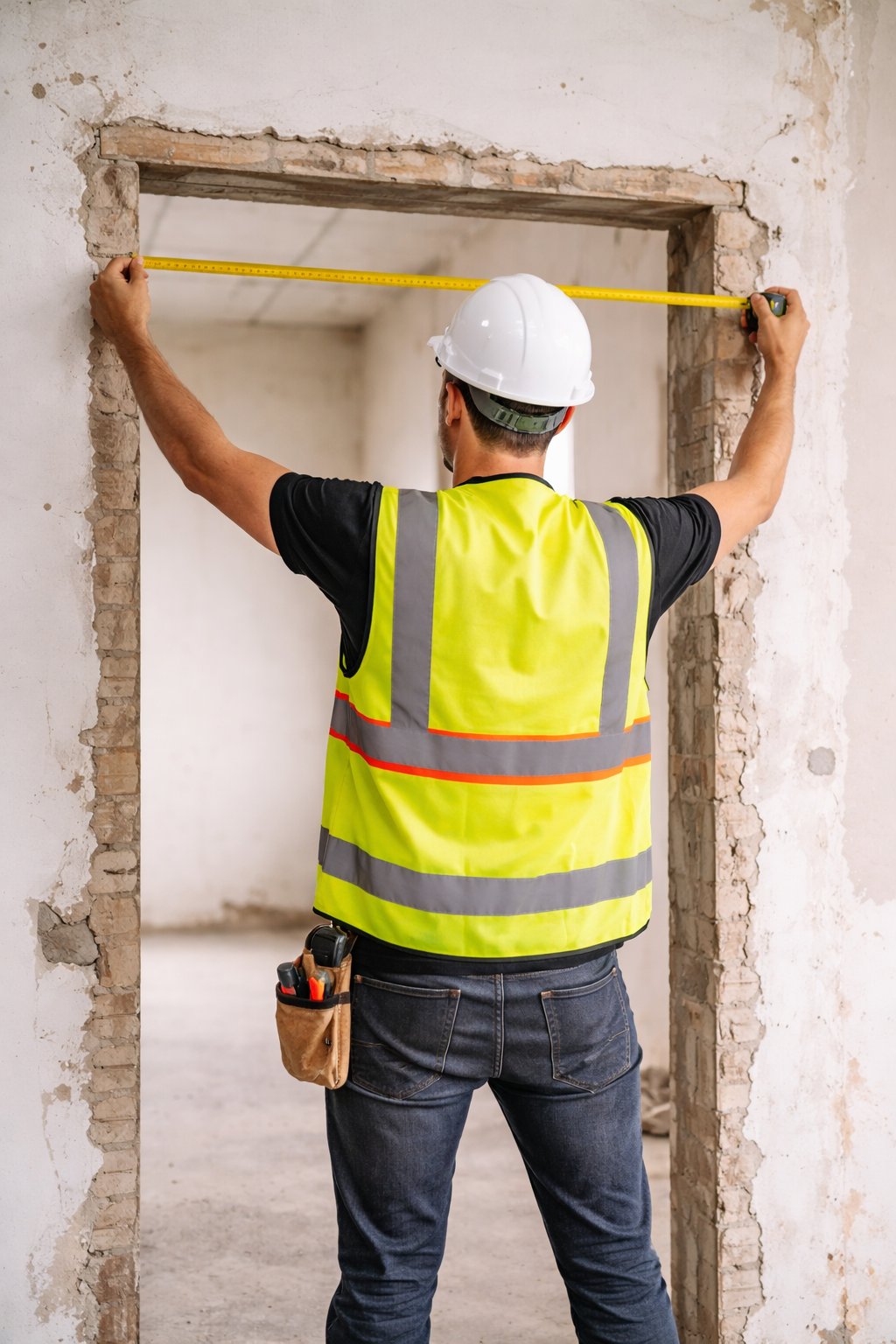 Site survey, measuring a doorway in a renovation property