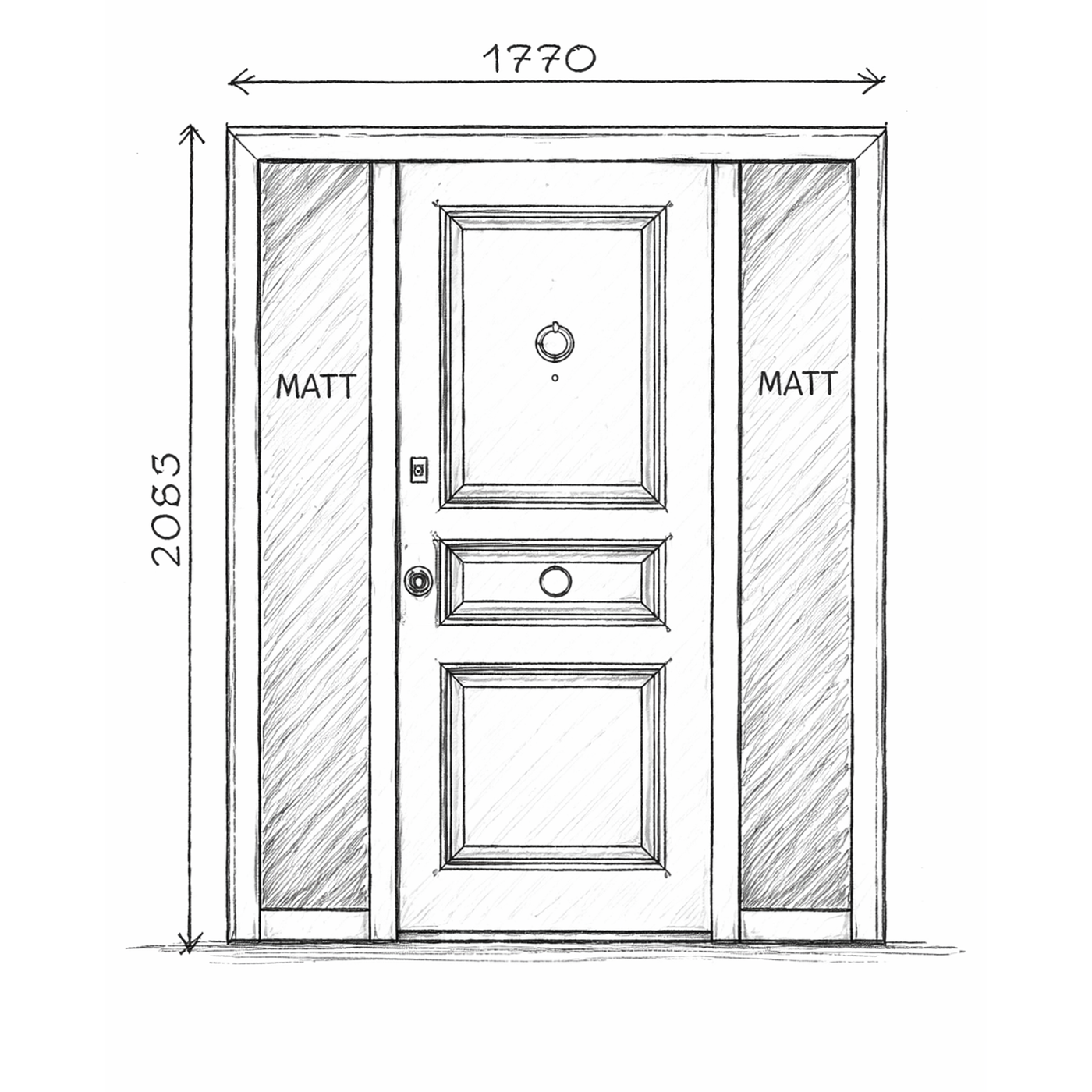 Hand-drawn sketch of the proposed door with dimensions and finish notes