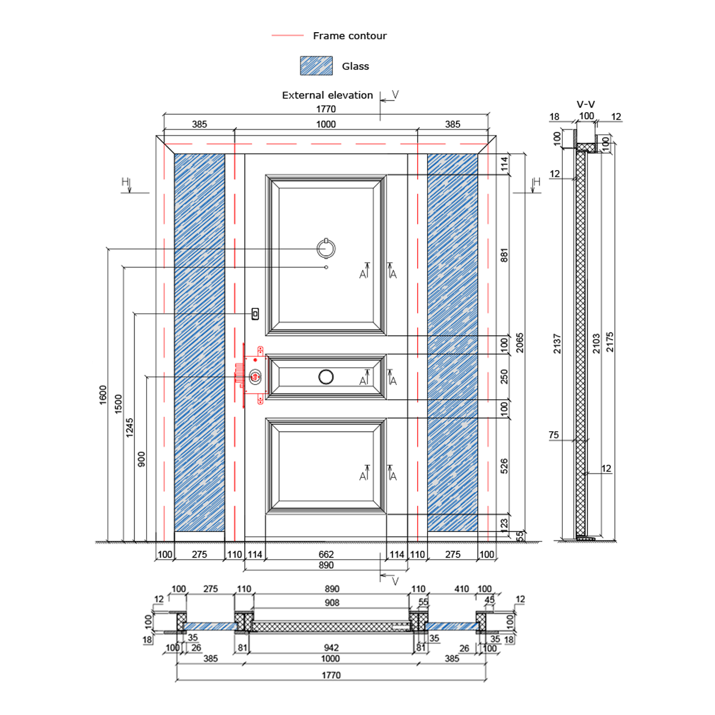 Detailed technical CAD drawing of the door with frame contour, glass, and dimensions