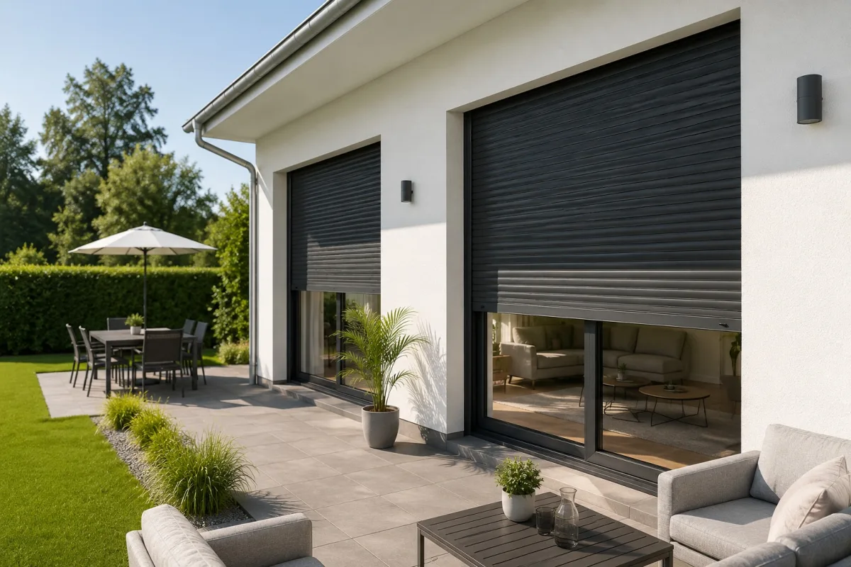 Roller shutters half-closed on a sunny summer patio, blocking solar heat gain