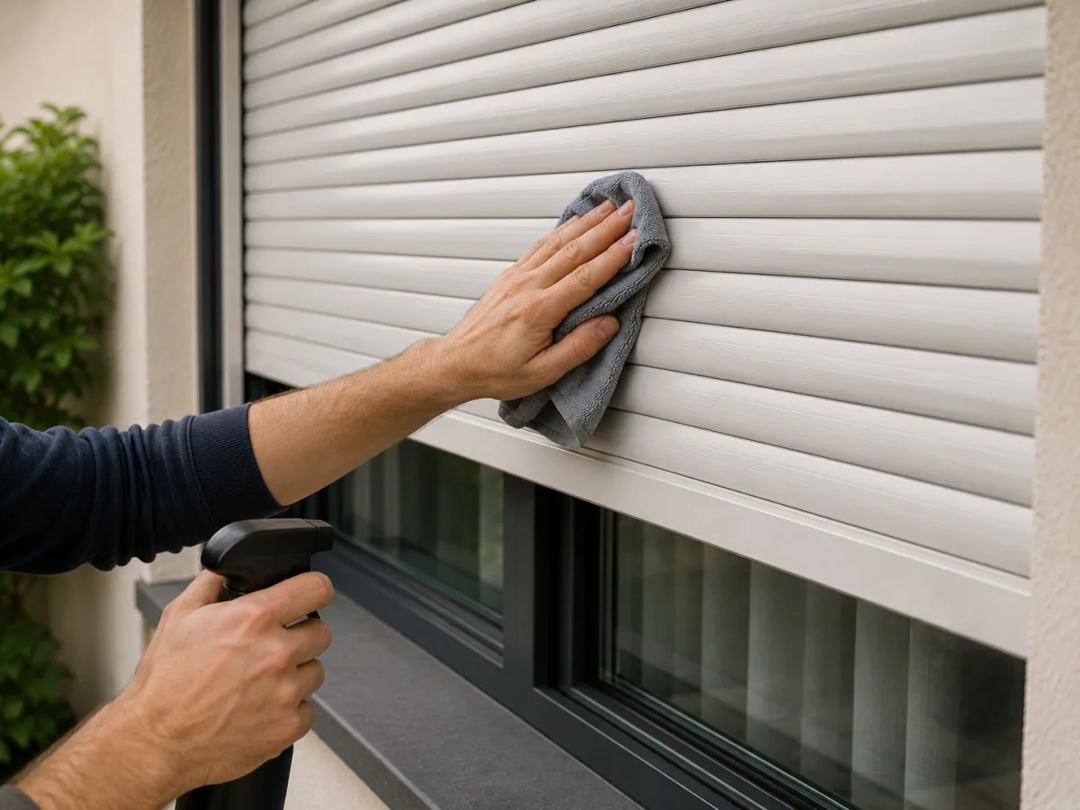 Person wiping down a roller shutter with a cloth, showing low-maintenance operation