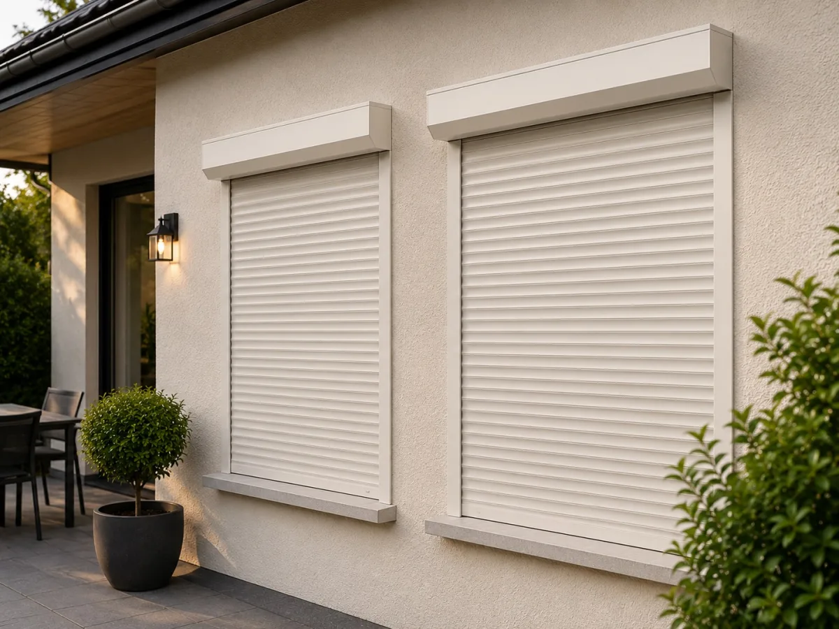 Two cream roller shutters fully closed for privacy on a residential property