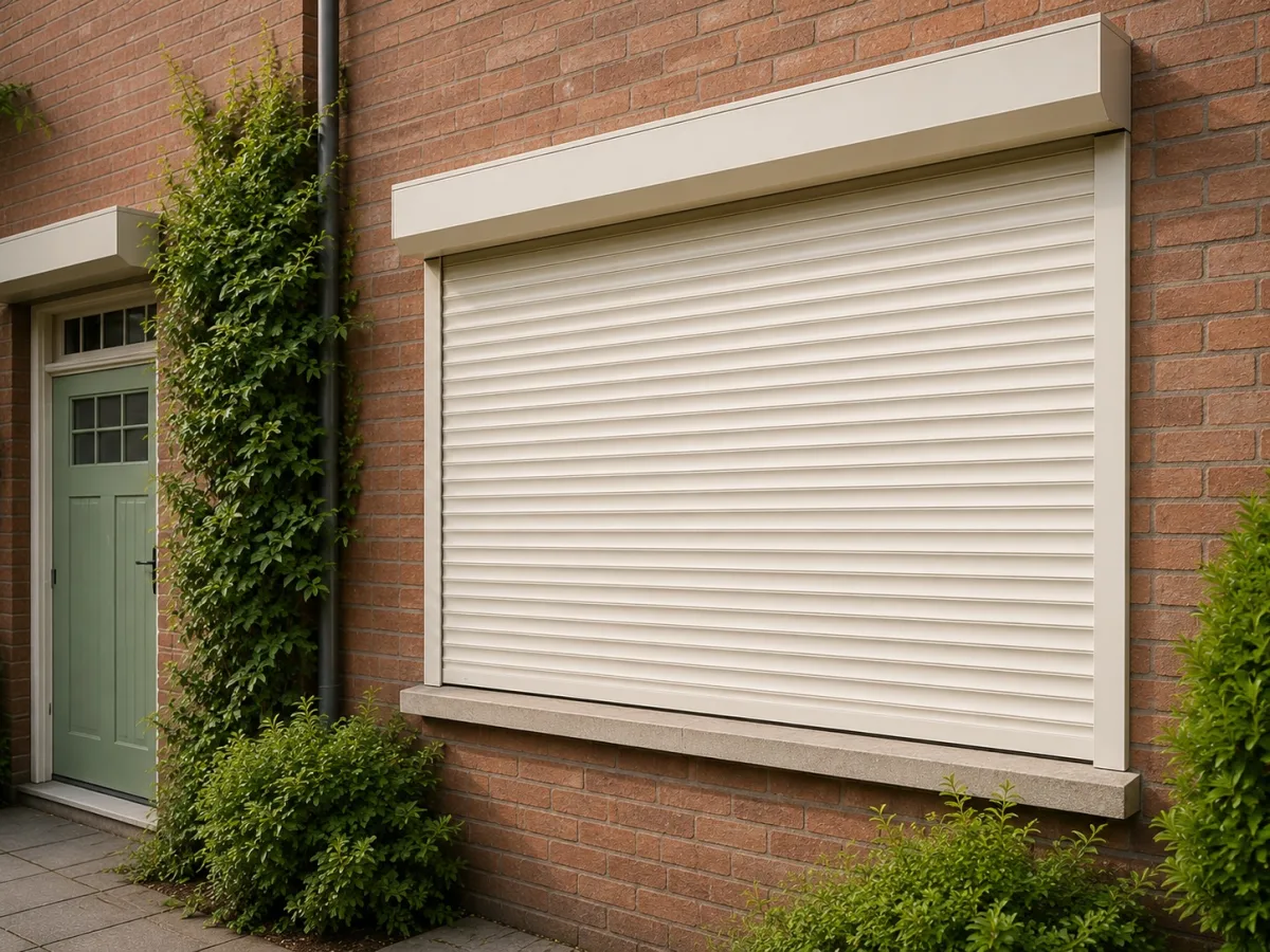 White security roller shutter closed over a window on a brick house