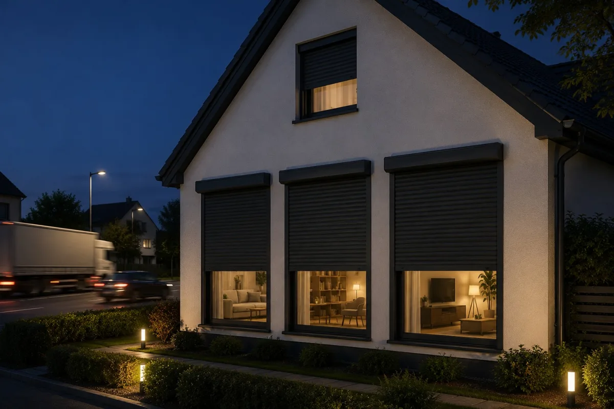 Roller shutters closed at dusk as a lorry passes, reducing external road noise