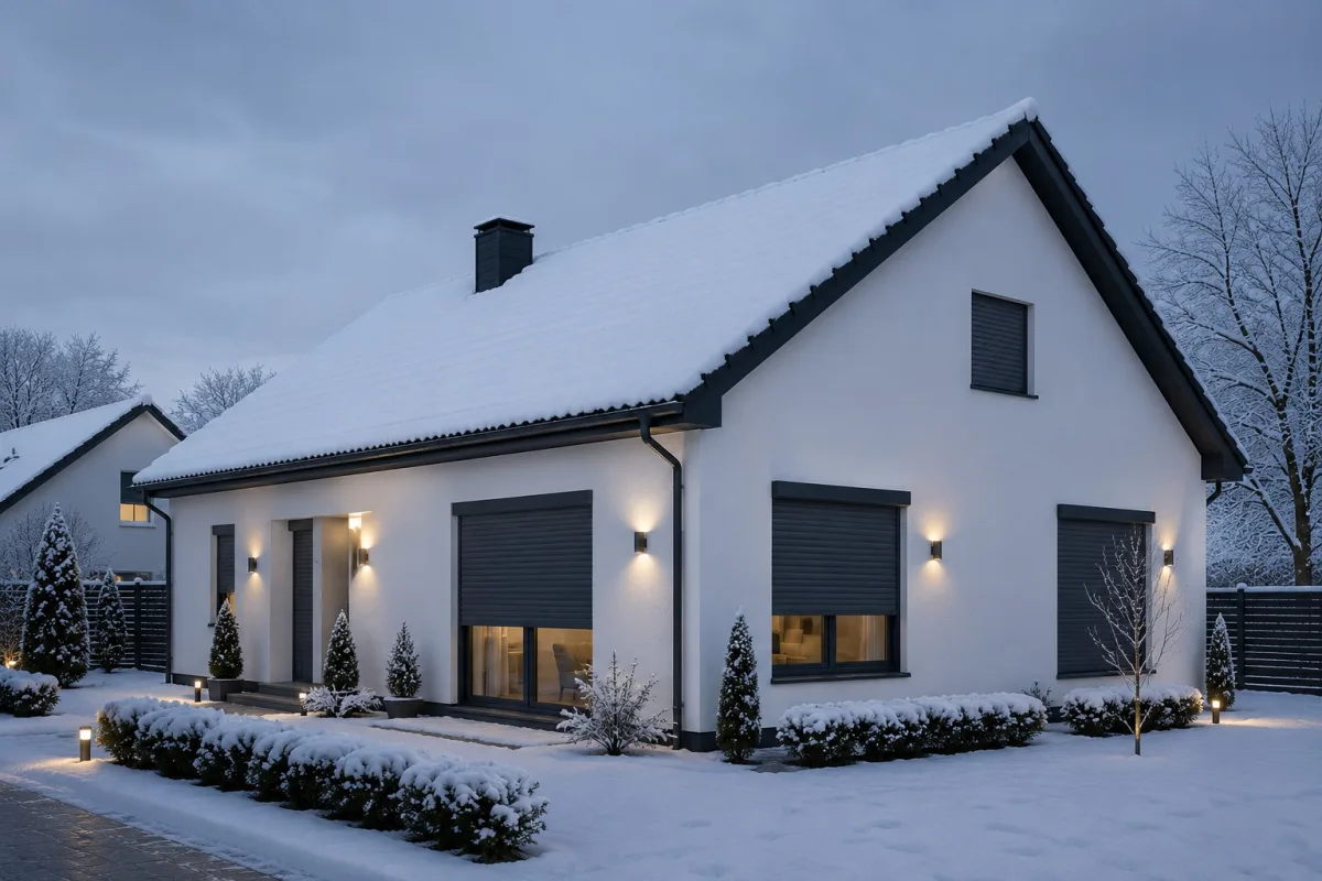 Roller shutters on a house in winter snow, helping retain interior heat