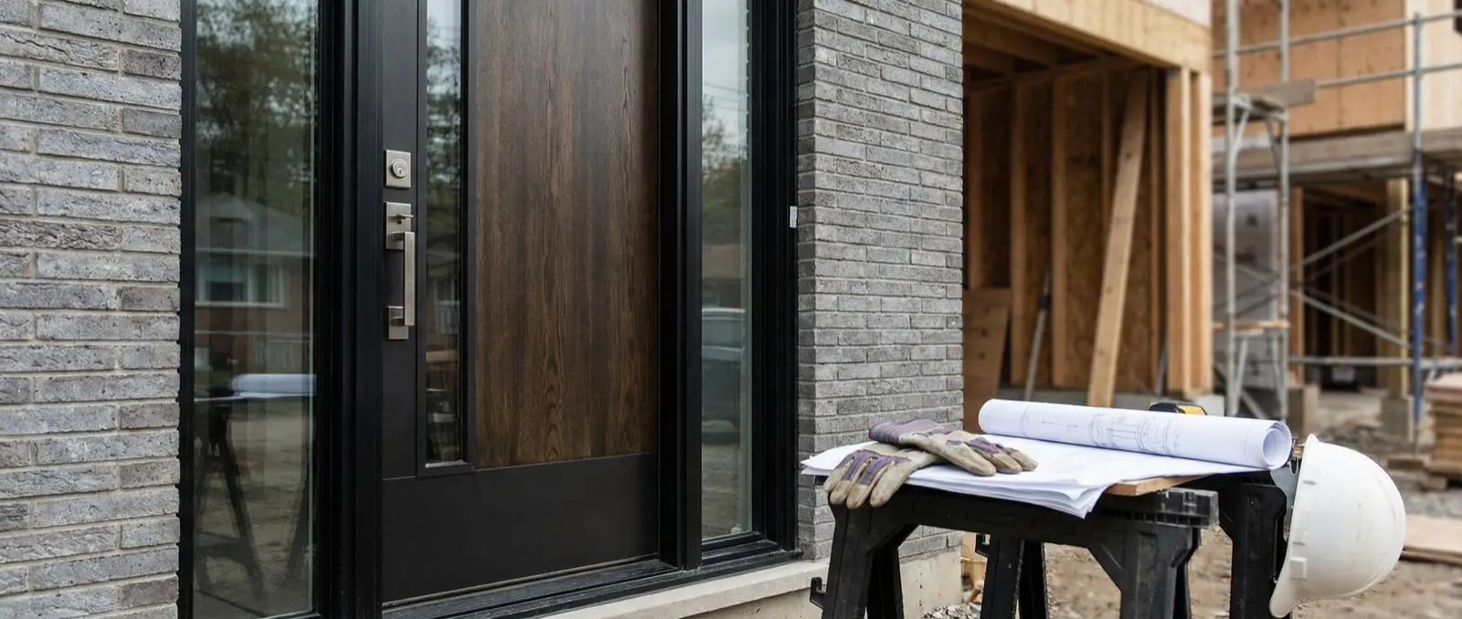 Security door installed on new construction site with blueprints